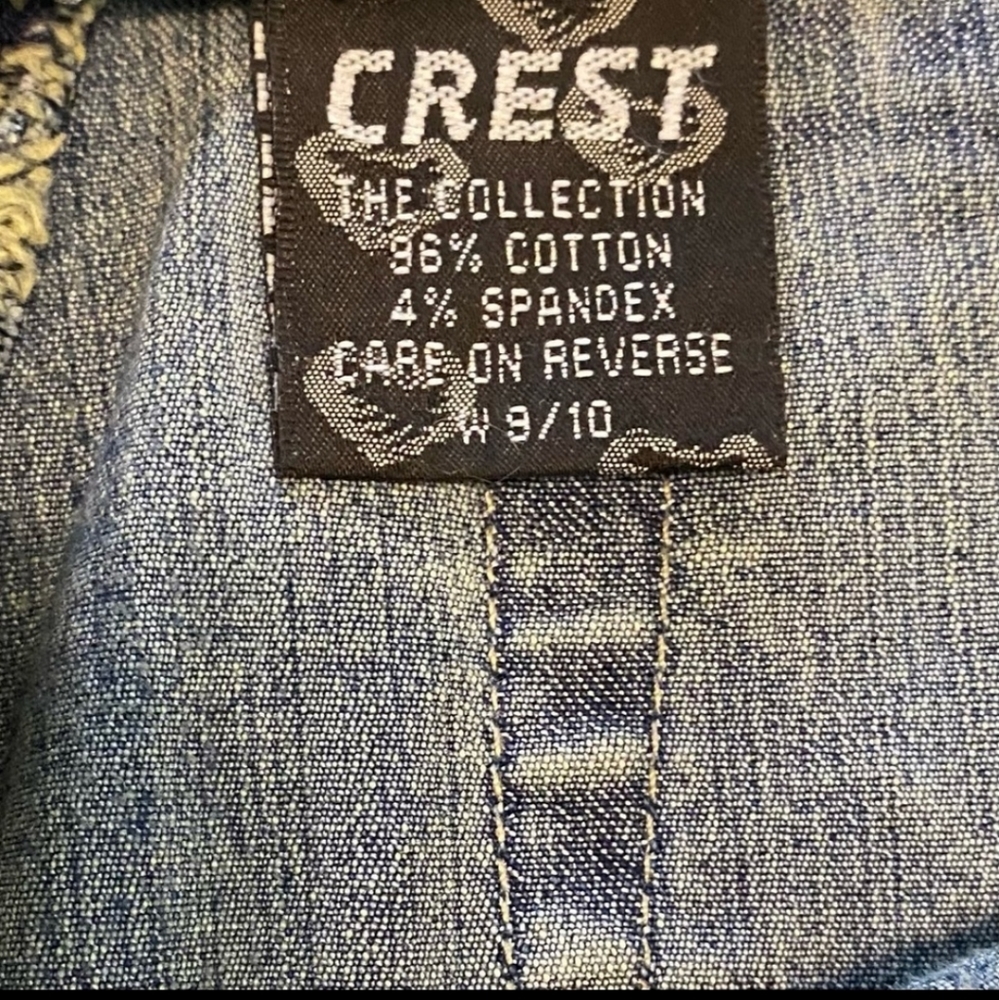 Vintage Crest Flower Patch Crochet Bell Bottom Hippie Jeans size 10